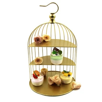 1 бр. Стойка за торта за птици в клетка, 3-степенна метална клетка за птици Cupcake Cake Stand Десертна изложбена стойка Желязо за сладкиши за кексчета, Съхранение на торти