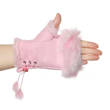 1 чифт жени велур кожа изкуствена заек коса ръкавици момичета зимата топло без пръсти ръкавици сгъстяват ветроупорни меки стреч ръкавици