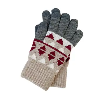 1 чифт зимни ръкавици плюшен сензорен екран цвят съвпадение грометричен печат трикотажни дебели еластични против хлъзгане пет пръста ръкавици
