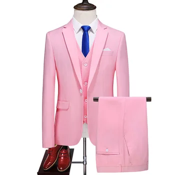 15 цвята мъжки костюми мода нов прорез ревера плътен цвят мъжки дрехи умен случайни сватба мъжки костюми 3 бр (яке + панталони + жилетка)