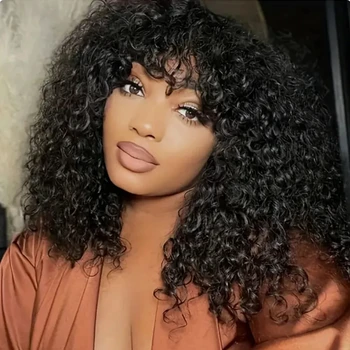 180% Bob Wig Water Wave Non Lace Glueless Human Hair Wig Wavy Brazilian Curly Bob Hair Wig with Bangs All Machine Made Wig