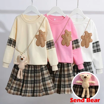 2-14 години тийнейджър момичета екипировки сладък мечка суитчър + карирана пола 2бр костюм за момичета рожден ден подарък детски дрехи комплекти