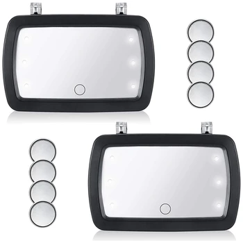 2 комплект огледало за слънчева козирка за кола, козметично огледало за засенчване на грим с LED светлина, огледало за суета с 8 броя бутон батерия