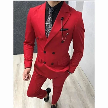 2 парчета червен мъжки костюм по поръчка Slim Fit младоженец смокинги сватбени бизнес костюми Двуреден блейзър панталони Terno Masculino
