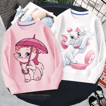 2022 Зима Нова серия на Дисни kawaii котка Бял розов кръг врата печат суитчъри мода сива врана детски дрехи дрехи за момичета