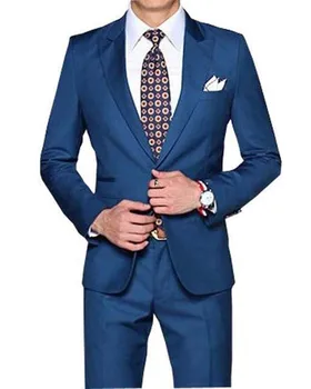 2022 Ново пристигане прави панталони сини мъже смокинги връх ревера сватбен костюм за мъже 2Pieces мъжки костюми тънък годни за сватбено тържество