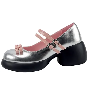 2023 Есен Нови жени Мери Джейн единични обувки мода дебела единствена лък двойна катарама каишка дебела подметка високи токчета Envío безплатно