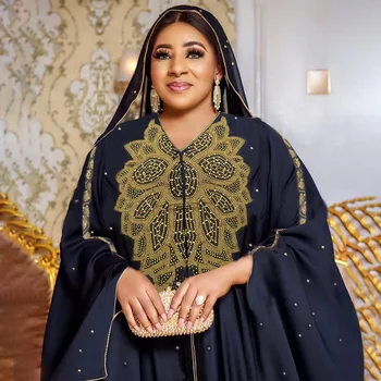 2023 Жени Африканско облекло Извънгабаритни шифон Дашики диамантени рокли Дубайска роба мюсюлманска качулка Abaya Kaftan Robes Мароканска рокля