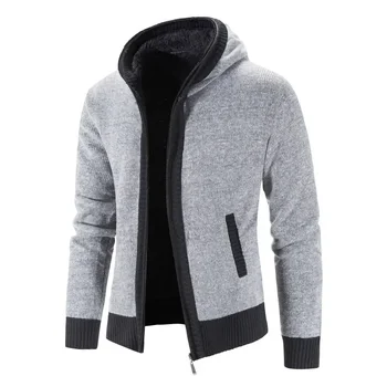 2023 Зимни мъжки Slim Fit плюшени удебелени пуловер трикотаж младежка мода случайни качулка палто