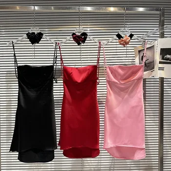 2023 Лятна нова колекция без ръкави венчелистче апликация превръзка дизайн без гръб секси кратко мини рокля жени GH704