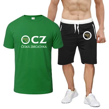 2023 Мъже CZ лого къс ръкав памук комплект лято нов Ceska Zbrojovka печат случайни кръг врата T риза + Sweatpants плътен цвят костюми
