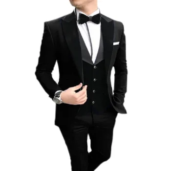 2023 Мъжки костюм 3 части Casual Slim Fit Black Notch Lapel Vest Best Man Tuxedos For Wedding Party Suits (Blazer + vest + Pants)
