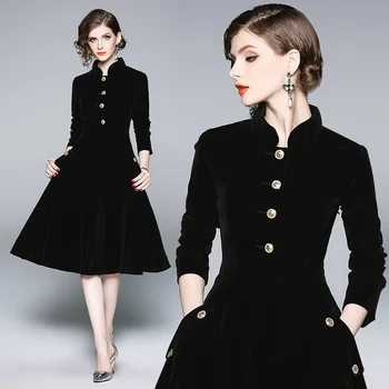 2023 нова елегантна мода slim-fit дамски кадифе реколта стойка яка пола Мода елегантна рокля с тънка кройка