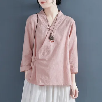 2023 Нова китайска традиционна блуза за жени Ежедневно памучно бельо V яка бутон ханфу костюм Топ косплей костюми Дамско облекло
