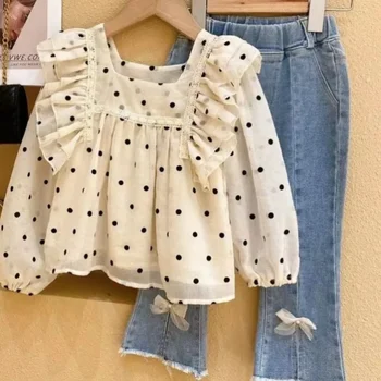 2023 ПролетБебешки дрехи Дантела Dot Малки момичета Детски дрехи Комплект за детска мода Комплект 2 части Комплект върхове + панталони