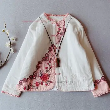 2024 китайски реколта памук бельо палто национално цвете бродерия tang костюм ориенталски ханфу върховете памук подплатени сгъстяване яке