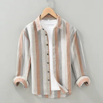 2024 Мъжки прежда-боядисани раирани цвят съвпадение дълги бельо ръкави риза случайни квадратни яка ретро риза