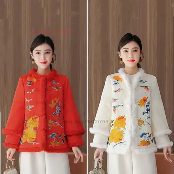 2024 национално цвете бродерия палто китайски реколта памук подплатени яке традиционни tang костюм ориенталски ретро сгъсти топло палто