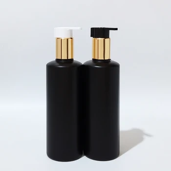 20pcs 300ml празен HDPE лосион черна бутилка със златна помпа пластмасов шампоан за многократна употреба душ гел течен сапун козметични опаковки