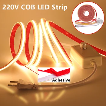 220V COB LED лента водоустойчива 288LED / m лепило LED лента с ЕС / Великобритания димер мощност щепсел комплект гъвкава панделка вътрешен открит лампа