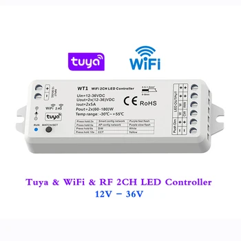 2CH Tuya LED контролер Wifi 2.4G безжичен интелигентен APP облак гласов конвертор 5A / CH за DC 12V 24V 36V CCT сигнал цвят Led лента