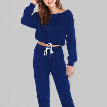 2pc Есенни ежедневни анцузи 2024 Плътен цвят хлабав пуловер качулки две части комплект женски дълъг ръкав върховете панталони спортно облекло