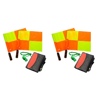 2X футболен съдия комплект футбол карирани футболни знамена портфейл тетрадка с червен жълт картон и свирка