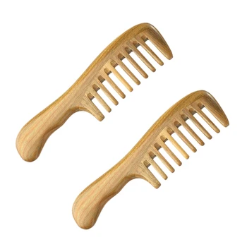 2X Широк зъб Естествен гребен за коса от сандалово дърво - без статичен дървен гребен за разресване с гладка дръжка