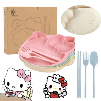 4Pcs / комплект Sanrio Hello Kitty Spoon Fork Chopsticks Карикатура Комплекти прибори за хранене Детски преносими прибори за хранене Пшенична слама Студент Платос