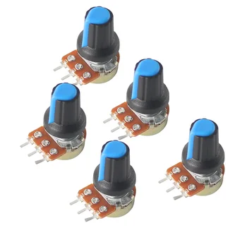 5Set WH148 Линеен ротационен потенциометър със сини AG2 копчета 3Pin 1K-1M Ohm Променливи резистори 15mm Гайки и шайби на вала