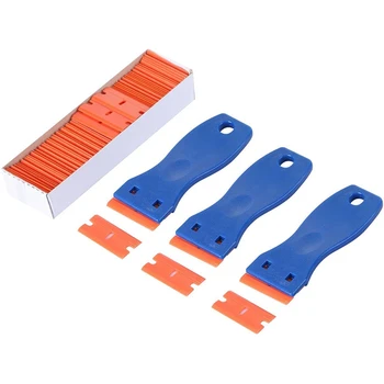 6PCS пластмасови стъргалки за бръснарски ножчета & 200 бр. 1.5 инчови пластмасови ножчета за бръснене с двоен ръб за автоматичен винилов инструмент за оттенък на прозорци