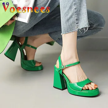9.5CM Летни сандали 2023 Модни зелени високи токчета секси катарама каишка блок токчета дамски обувки плюс размер удобни офис помпи