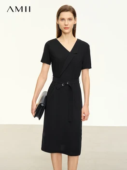 AMII Минималистична тънка рокля за жени 2023 Летен нов колан къс ръкав v-образно деколте снаждане дизайн талия A-line черни рокли 12322077