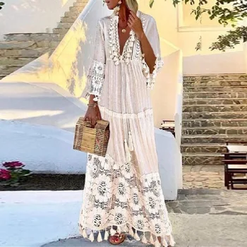 AYUALIN Реколта флорални бродерии плаж износване летни рокли 2022 Boho дълъг ръкав пискюл рокля за жени Ежедневни дантела Vestidos