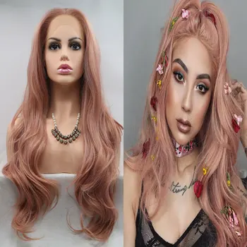 Bombshell Rose Gold Pink Loose Wave Synthetic 13X4 дантела отпред перуки Лепило високо качество топлоустойчиви влакна коса за жени перука