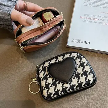 Canvas Short Style Wallet Portable Car Key Bag Printing Square Coin Purse Card Holder Pu Leather Houndstooth Zipper Purse Girls