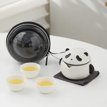 Creative Panda Quick Cup One Pot Three Cups Outdoor Camping Tea Set Drinking Tea Ceramic Portable Travel Tea Set Gift