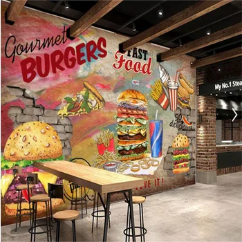 Custom Burgers Fries Cola Graffiti Background Стенопис Wallpaper Ресторант за бързо хранене Снек-бар Индустриален декор стена хартия 3D