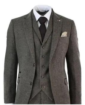 Custom Made Smoking Tweed Men Suit Slim Fit 3 Pieces Последни дизайни на палто Skinny Tuxedo Groom Suits Blazer Masculino