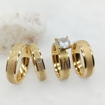 Cz Каменен скъпоценен камък бижута пръстен Неговата и нейната сватба годежни булчински комплекти за двойки 18k позлатени бижута cz диамантен пръстен