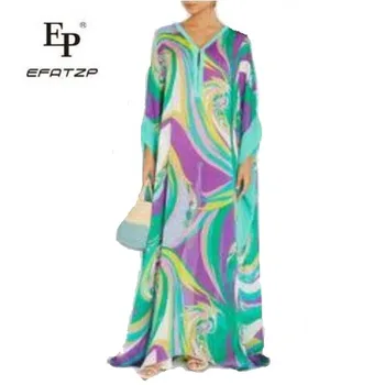 EFATZP 2022 Новопристигнали Свободна рокля Жените увеличено V-образно деколте зелен геометричен печат удобни коприна Джърси дълга рокля