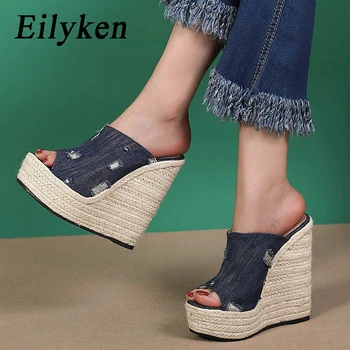 Eilyken Summer Denim Peep Toe Cane Straw Weave Slippers Solid Platform Wedges Сандали Дамска мода Високи токчета Дамски обувки