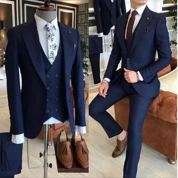 England Style Solid Men Suits Fashion Peak Lapel Single Breasted Outfits Formal Casual Slim Fit (Blazer + Vest + Pants) Комплект от 3 части