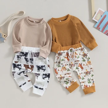 Fashion Autumn Toddler Kids Baby Clothes Sets for Boys Girls Solid Waffle Long Sleeve Sweatshirts Cattle Print Pants Анцузи
