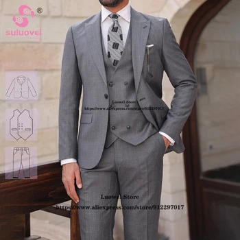 Fashion Grey Slim Fit Suits For Men Business 3 Piece Pants Set Formal Groom Wedding Dinner Peaked Lapel Tuxedos Blazer Masculino