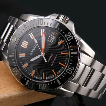 Fashion Parnis 44MM Черен автоматичен водолазен часовник от неръждаема стомана Сапфир 200m водоустойчиви механични мъжки часовници reloj hombre