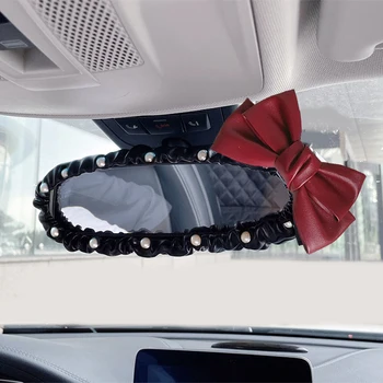 Fashion Pearl Bowknot Car Interior Rear View Mirror Cover Leather Auto Mirror Case Decoration Accessories For Women and Girls