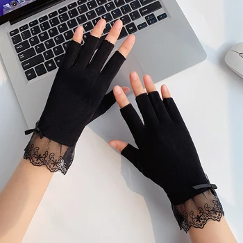 Fashion Секси летни анти-UV жени шофиране половин пръст ръкавици тънки ръкавици цвете дантела ръкавица