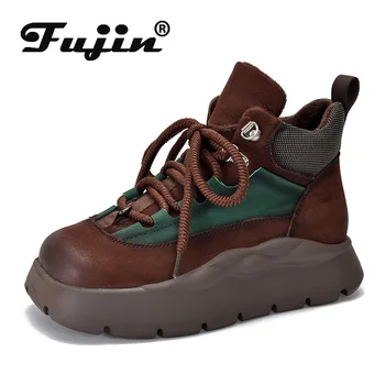 Fujin 3.5cm платформа клин буци маратонки ботуши мокасини пролет есента глезена крава естествена кожа жени обувки мода боти