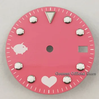 Goutent 28.5mm стерилен часовник Dial Pink прасенце сърце циферблат Зелен светлинен годни за NH35 NH35A движение часовник лицето